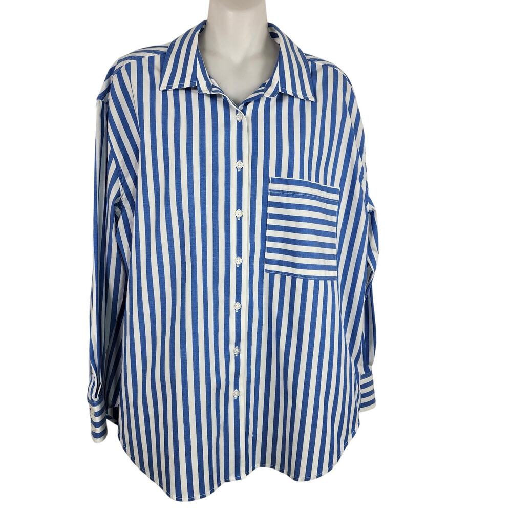 Casa Cabana Womens Bethany Blue Stripe Shirt Button Pocket Long Sleeve Coastal L